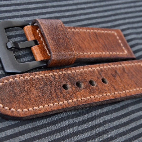 handmade 24mm leather watch strap w Pre-v style screw-in buckle fits Panerai PAM