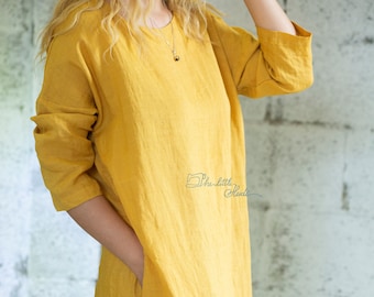 Mustard Linen tunic, Washed linen Dress, Mustard Midi Dress, Autumn Linen Dress, Organic linen dress,Loose linen dress, Oversized dress,