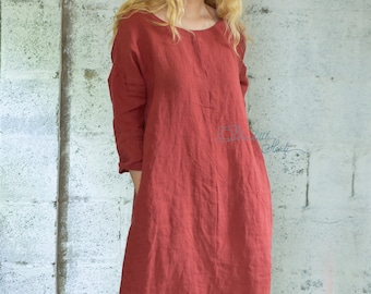 Brick red Linen tunic, Washed linen Dress, Midi Dress, Autumn Linen Dress, Organic linen dress,Loose linen dress, Oversized dress,