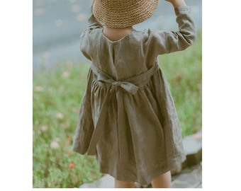 Ready to ship/ Gray brown linen baby girl dress/Long sleeve dress/Dress for autumn winter/Cream coffee linen dress with hand stitches