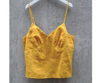 Mustard Linen Cami Top: Adjustable Strap Summer Tank