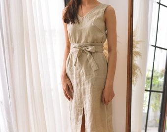 Beige Linen Midi Dress: V-Neck Sleeveless Wedding Guest Dress