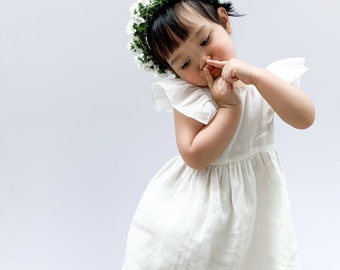 Ready to ship/bridesmaids dress/ Pure Off White linen dress for baby girls/Flutter linen dress/white linen dress