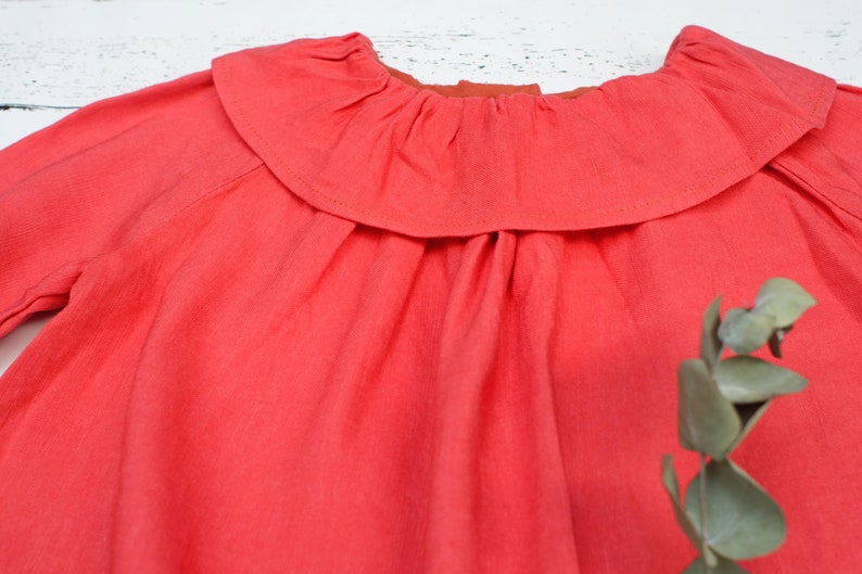 2-3 Tomato red linen dress Frill collar dress ChristmasLong sleeve dress Dress for autumn winterAvailable size 6-12m 3-4 18-24m 5-6
