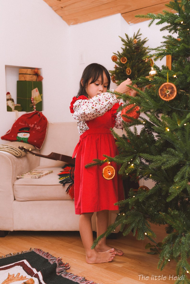 Ready to ship/Christmas pinafore dress set/Corduroy pinafore/ red apron dress and blouse/xmas gift/ Christmas gift/ Pinafore and blouse image 3