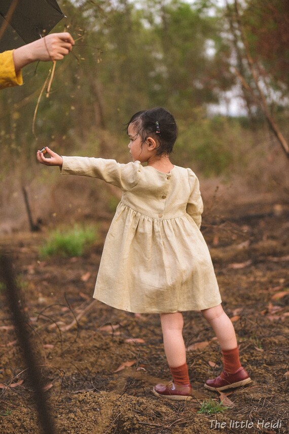 Linen Baby Dress: Beige Wedding Dress, Long Sleeve