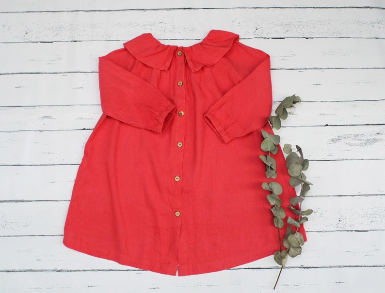 2-3 Tomato red linen dress Frill collar dress ChristmasLong sleeve dress Dress for autumn winterAvailable size 6-12m 3-4 18-24m 5-6