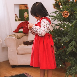 Ready to ship/Christmas pinafore dress set/Corduroy pinafore/ red apron dress and blouse/xmas gift/ Christmas gift/ Pinafore and blouse image 1