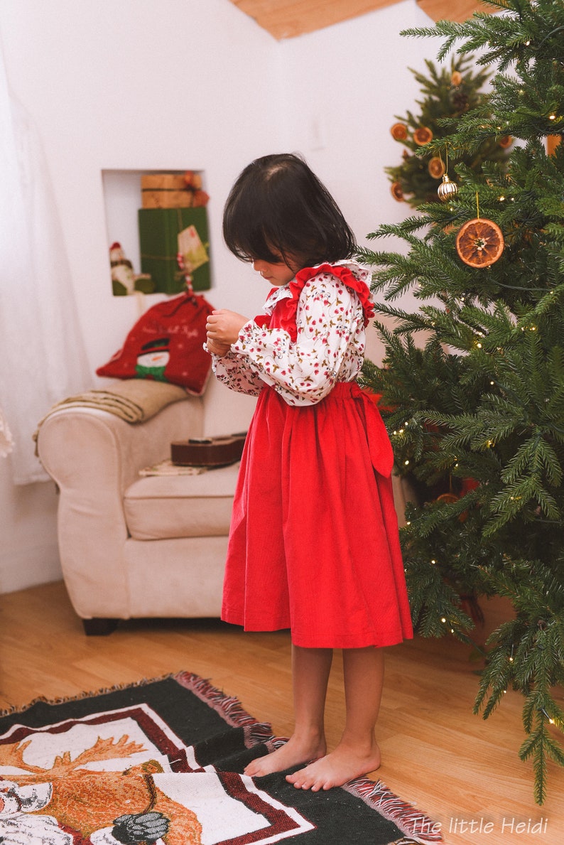 Ready to ship/Christmas pinafore dress set/Corduroy pinafore/ red apron dress and blouse/xmas gift/ Christmas gift/ Pinafore and blouse image 1