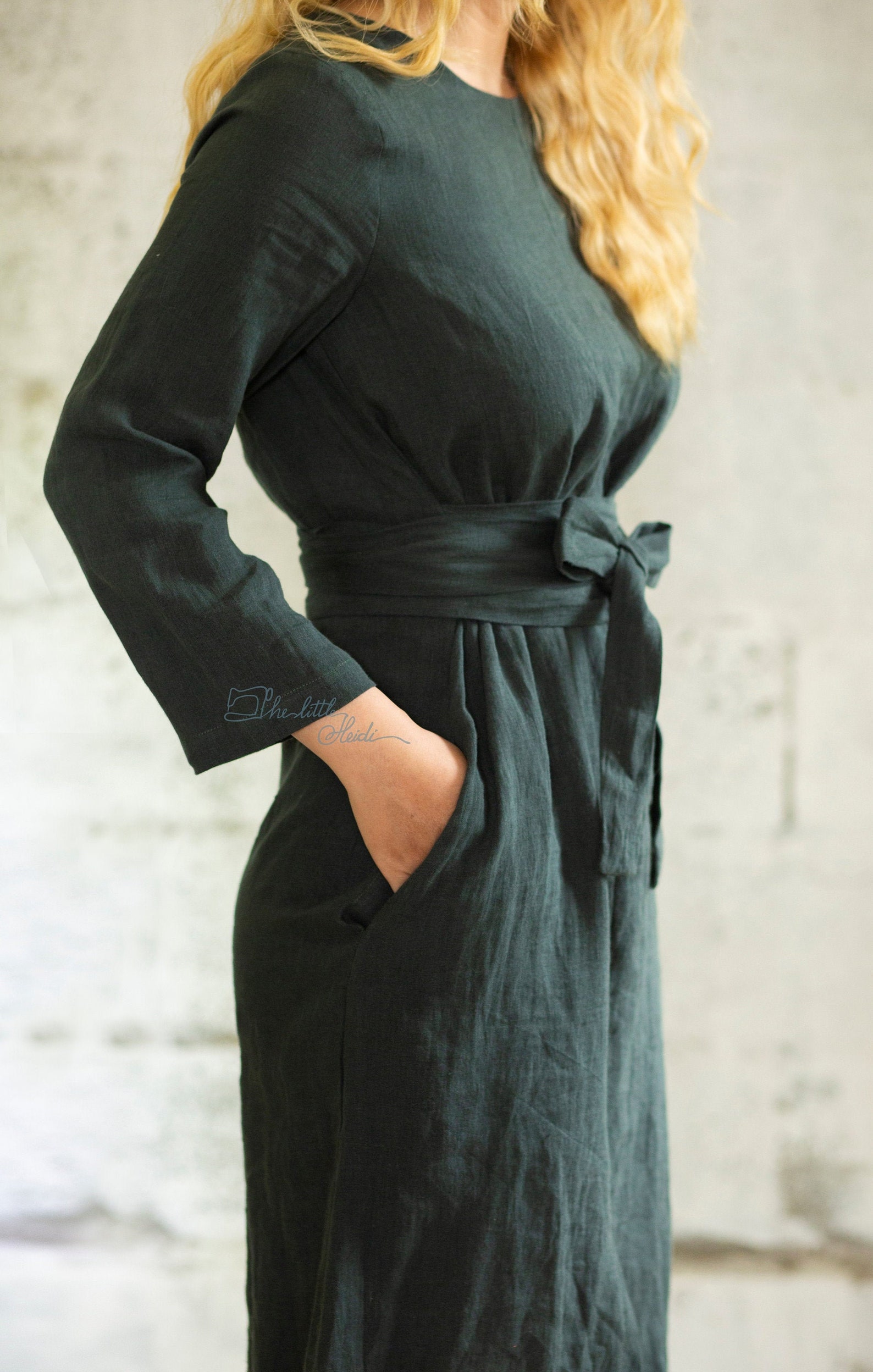 Moss Green Linen Midi Dress Washed Linen Dress Long Sleeve Etsy