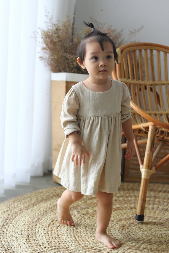 Ready to ship/ Natural beige linen baby girl dress/Long sleeve | Etsy