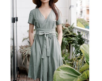 Sage Linen Wrap Dress: Midi Summer Dress with Pockets