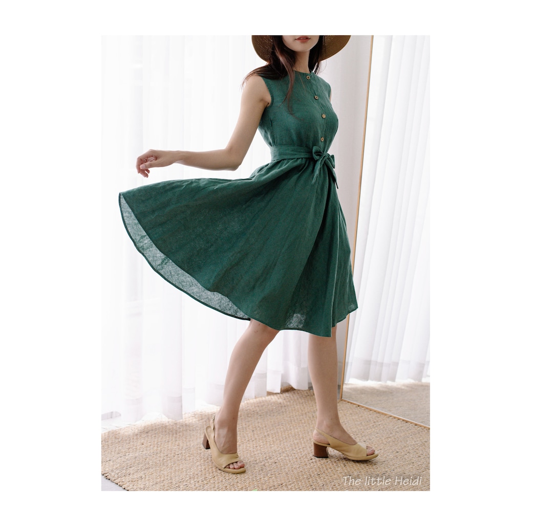 Emerald Green Linen Dress, Linen Clothing, Women Linen Dress, Wedding