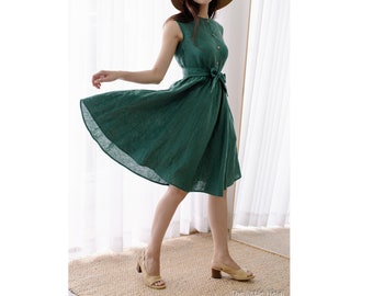 Emerald Green Linen Midi Dress: Sleeveless Belted Summer Clothing