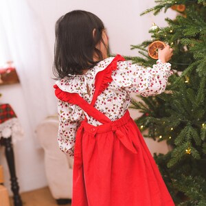 Ready to ship/Christmas pinafore dress set/Corduroy pinafore/ red apron dress and blouse/xmas gift/ Christmas gift/ Pinafore and blouse image 5