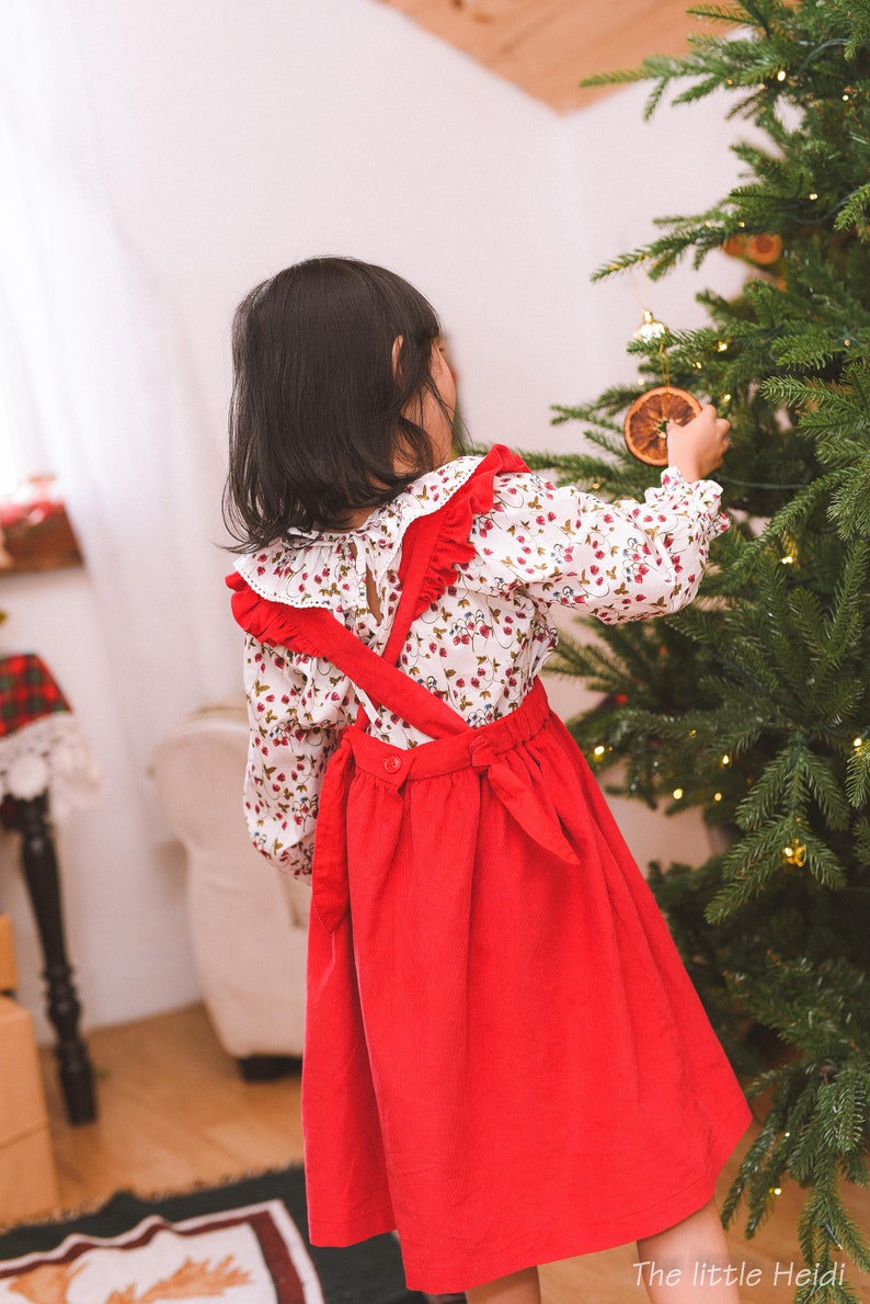 Ready to ship/Christmas pinafore dress set/Corduroy pinafore/ red apron dress and blouse/xmas gift/ Christmas gift/ Pinafore and blouse image 5