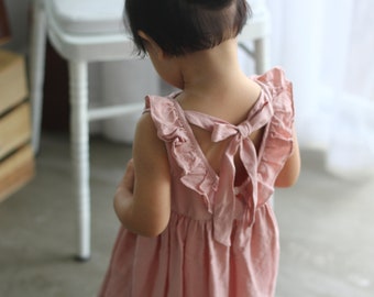 Dusty pink linen baby girl dress with bow/ V neck linen dress/ ruffles linen girl dress/size from 3-6m -> 7-8yrs/birthday gift/special dress