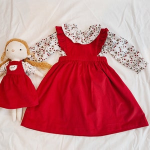 Ready to ship/Christmas pinafore dress set/Corduroy pinafore/ red apron dress and blouse/xmas gift/ Christmas gift/ Pinafore and blouse image 6