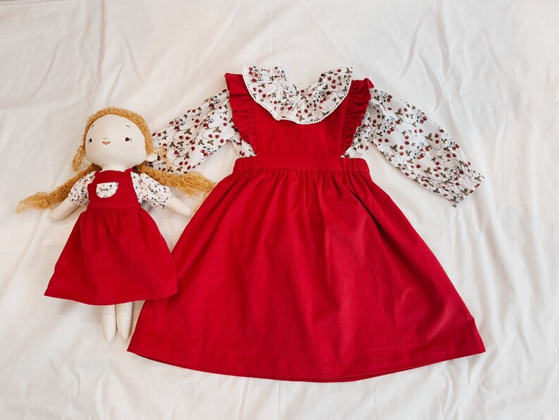 Ready to ship/Christmas pinafore dress set/Corduroy pinafore/ red apron dress and blouse/xmas gift/ Christmas gift/ Pinafore and blouse image 6