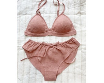 CUSTOM SIZE BRA/ Linen bra set/tied panties/  Home wear bra/non wired bra/ summer linen bra/ linen lingerie