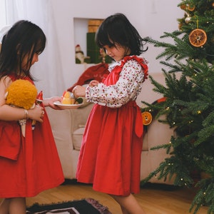 Ready to ship/Christmas pinafore dress set/Corduroy pinafore/ red apron dress and blouse/xmas gift/ Christmas gift/ Pinafore and blouse image 2
