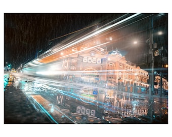 Stampa della stazione di Flinders Street, fotografia del paesaggio urbano di Melbourne, decorazione murale