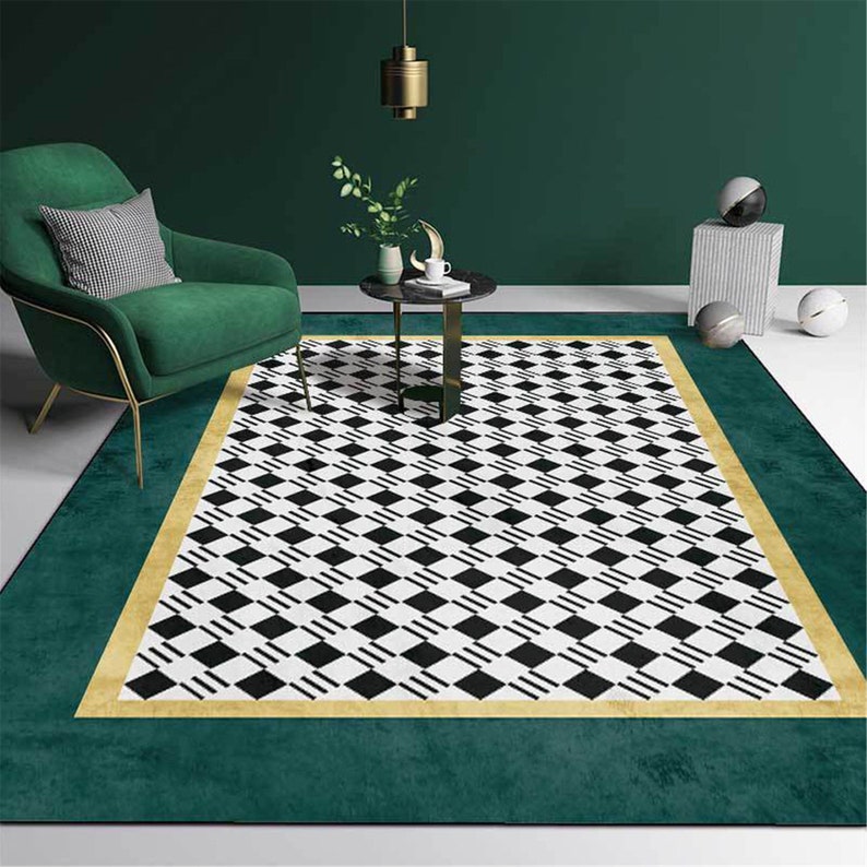 Dark Green Black And White Plaid Carpet Nordic Simple Kitchen Etsy