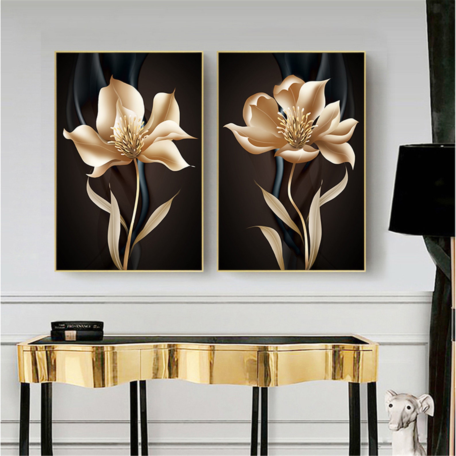 Abstract black gold flower wall art canvas painting Nordic Etsy