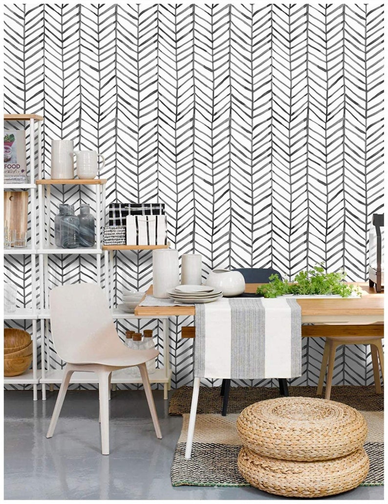 Modern Stripe Peel and Stick Wallpaper Herringbone Black White | Etsy