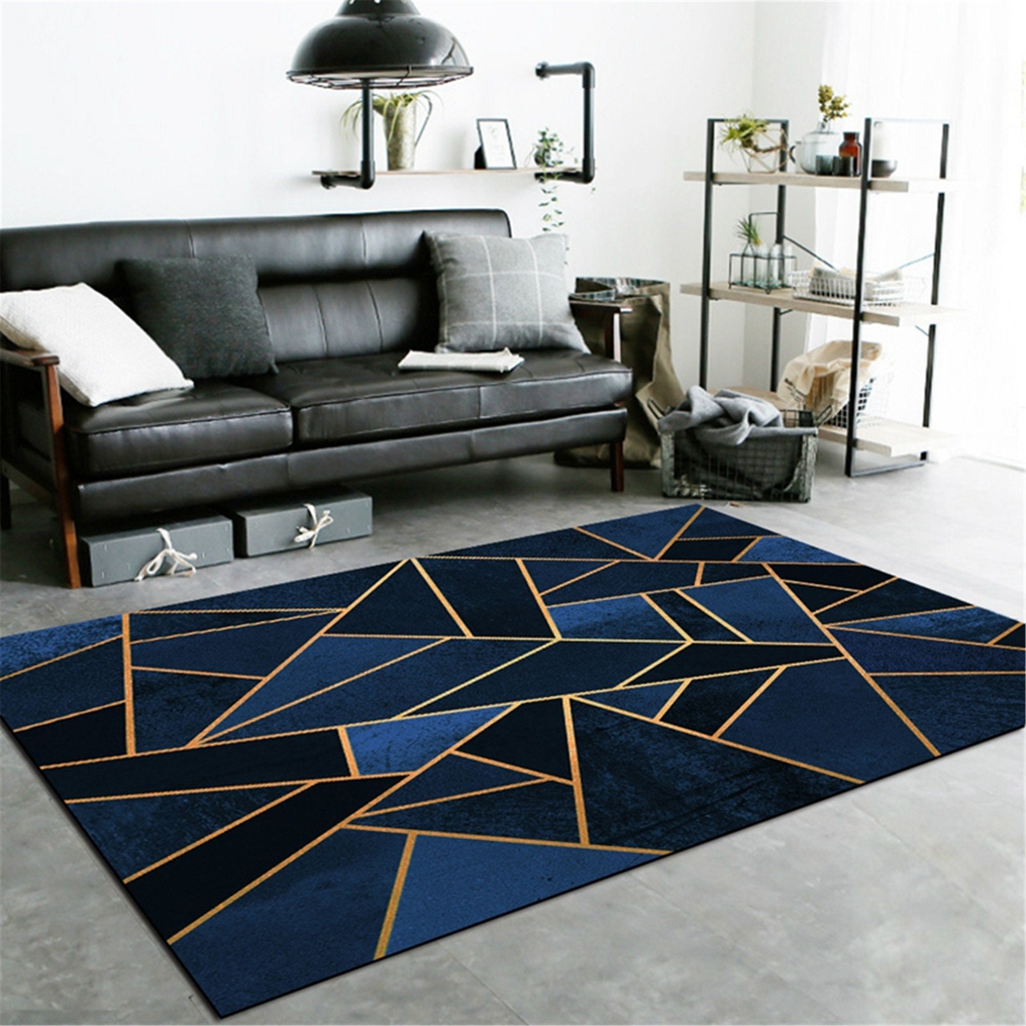 Dark Blue Black Carpet Golden Line Geometric Living Room Sofa Etsy