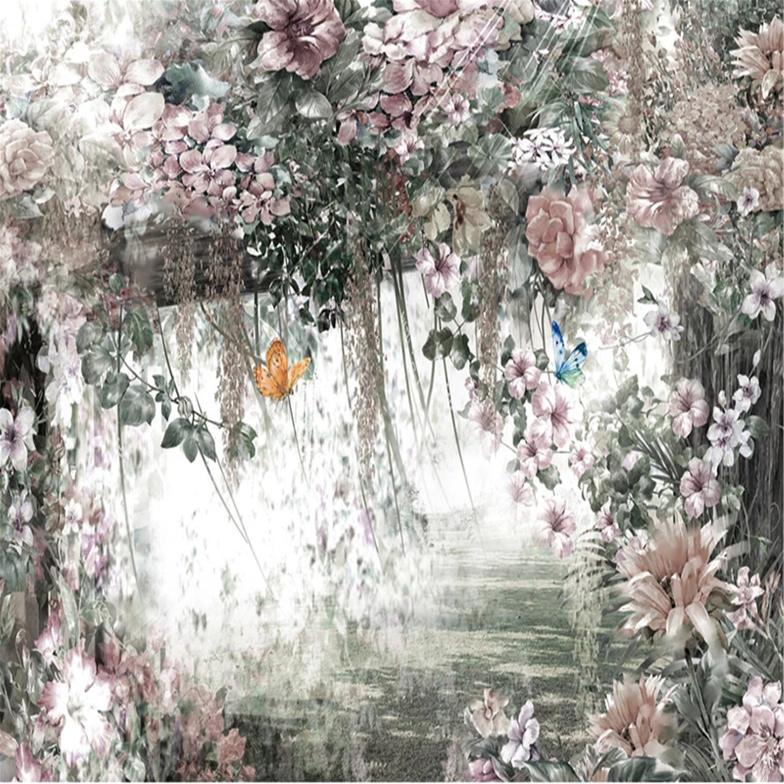 Retro Mural Wallpaper 3D Watercolor Vine Flowers Wall Painting | Etsy