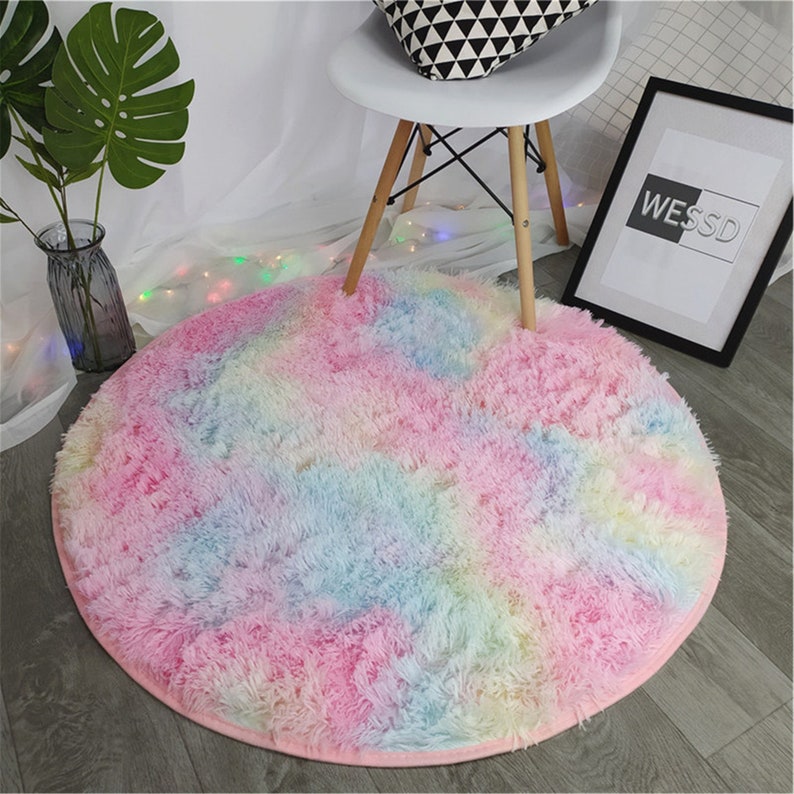 Rainbow Colorful Soft Fluffy Carpet Girl Round Hairy Area Rug Etsy