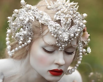 White Silver Pearl Crown Sterling silver foliage