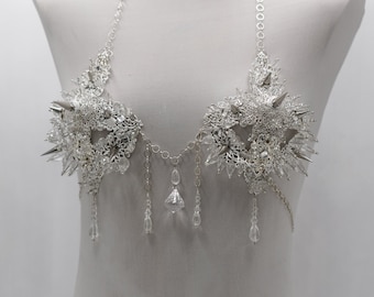 Ice Crystal Silver Metal Bralette Bra / RENT