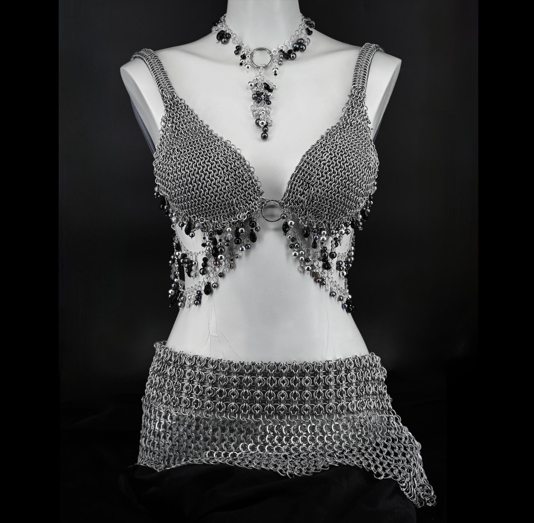 Black Pearl Handmade Chain Mesh Bra, Belt & Choker set