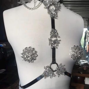 May include: A silver-toned body harness and matching nipple pasties. The harness features a black strap design with decorative floral-shaped embellishments and dangling crystal accents. The pasties are also floral-shaped and covered in crystals.
