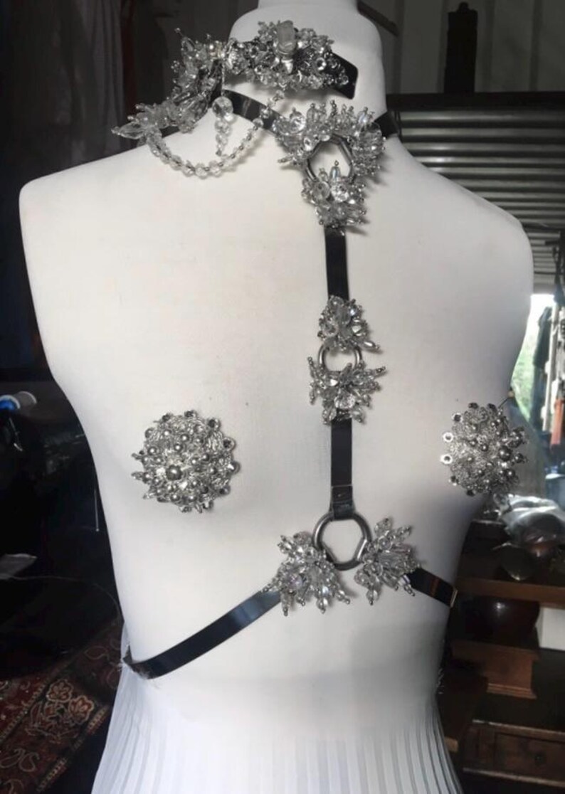 May include: A silver-toned body harness and matching nipple pasties. The harness features a black strap design with decorative floral-shaped embellishments and dangling crystal accents. The pasties are also floral-shaped and covered in crystals.