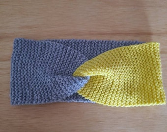 Knitted headband, knitted twist Grey and Yellow