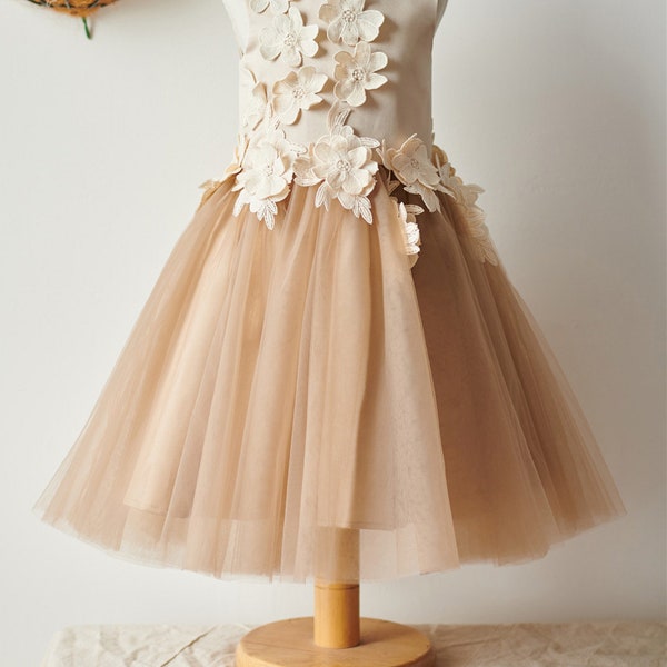 Satin Tulle Knee-length Champagne Flower Girl Dress