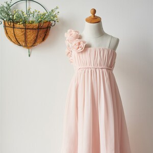 One Shoulder Blush Pink Chiffon Knee Length Flower Girl Dress