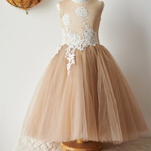 Ivory Lace Champagne Tulle Knee Length Flower Girl Dress