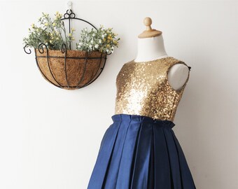Navy Blue Pleated Satin Gold Sequin Keyhole Back Flower Girl Dress