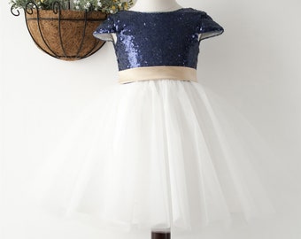 Navy Blue Sequin Ivory Tulle Short Flower Girl Dress