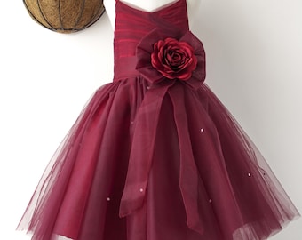 Burgundy Pleated Tulle Short Flower Girl Dress