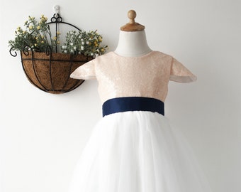 Blush Pink Sequin Ivory Tulle Short Flower Girl Dress