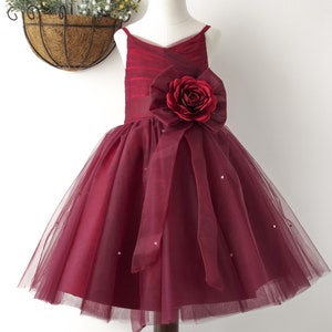 Burgundy Pleated Tulle Short Flower Girl Dress