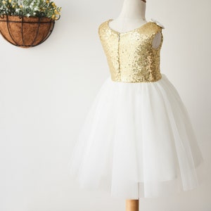 Gold Sequin Ivory Tulle Knee Length Wedding Flower Girl Dress