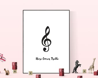 音楽アート 印刷可能、Here Comes Treble デジタル ダウンロード、8x10、8.5x11、11x14、ウォール アート、印刷可能、ト音記号、音楽、音符