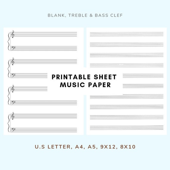 Sheet Music, Blank Manuscript Paper, Instant Download, Printable PDF, US  Letter Size, 9X12, 8X10, A4 and A5 Sizes, Music Paper, 