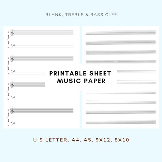 Sheet Music, Blank Manuscript Paper, Instant Download, Printable PDF, US  Letter Size, 9X12, 8X10, A4 and A5 Sizes, Music Paper, 